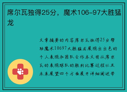 席尔瓦独得25分，魔术106-97大胜猛龙